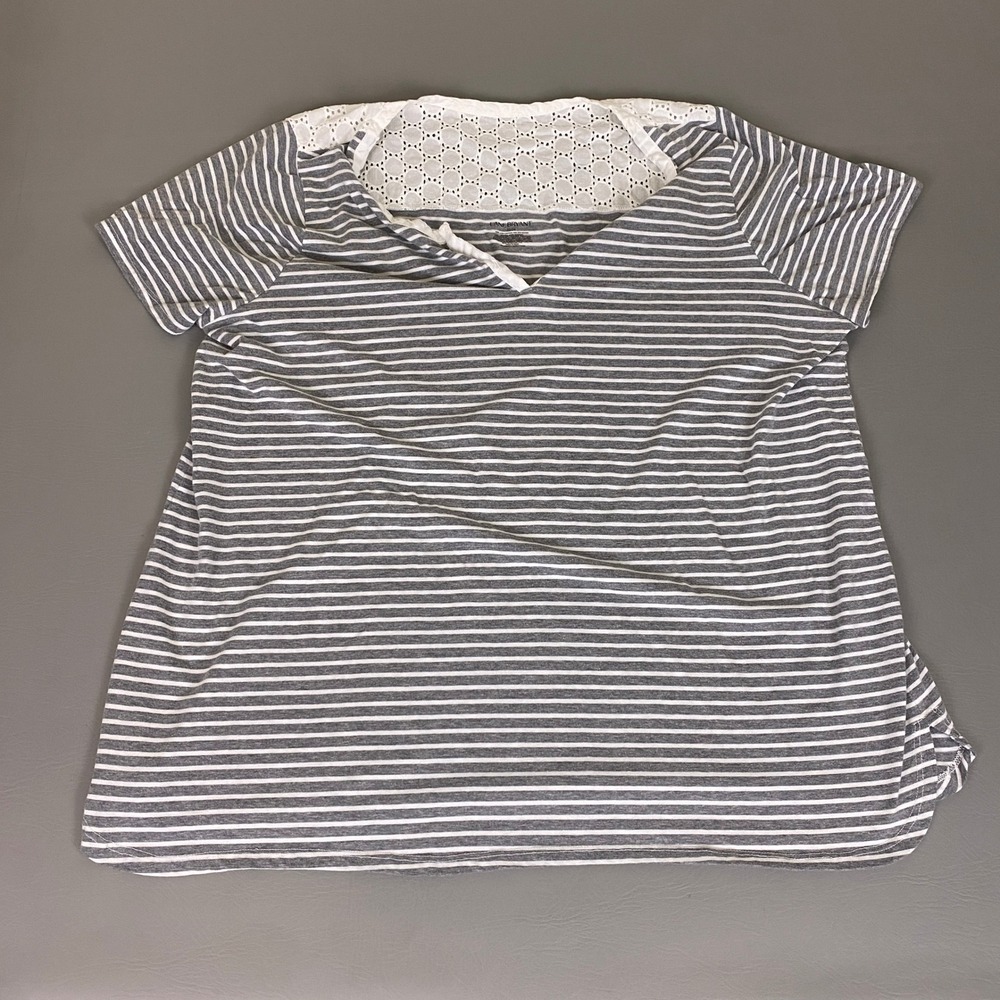 Lane Bryant T-Shirt Womens Plus 22/24 Gray White Striped V-Neck Eyelet Lace Back